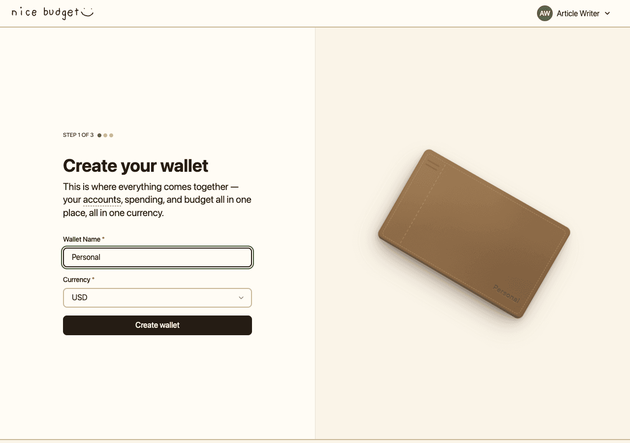 Step 1 of 3 in Nice Budget onboarding: the Create your wallet form with Wallet Name and Currency fields