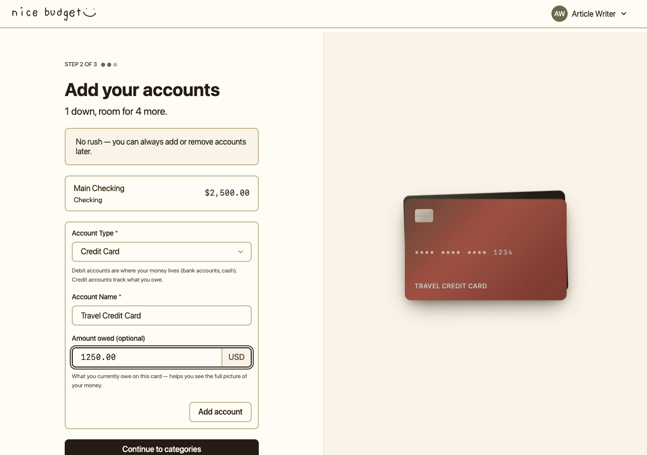 Credit Card account type swaps the balance input label to "Amount owed (optional)" so positive numbers reflect debt